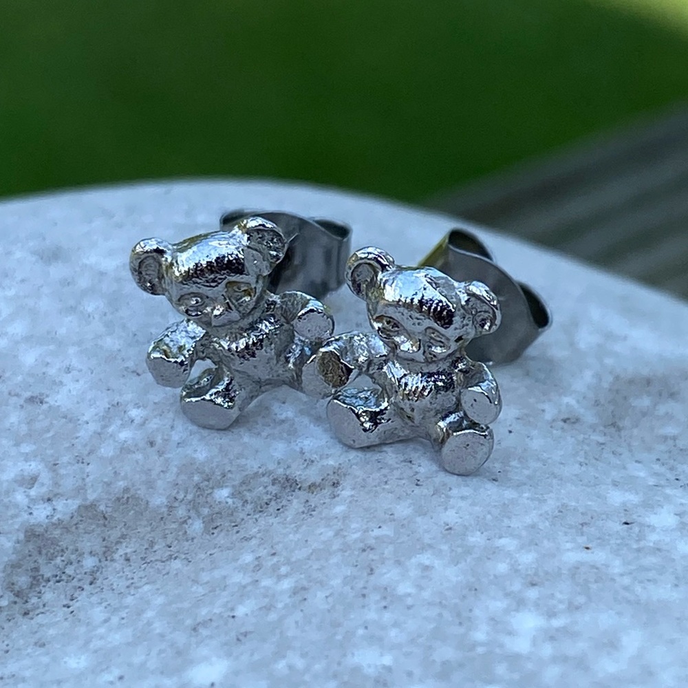 Teddy bear earrings silver tone stud earrings